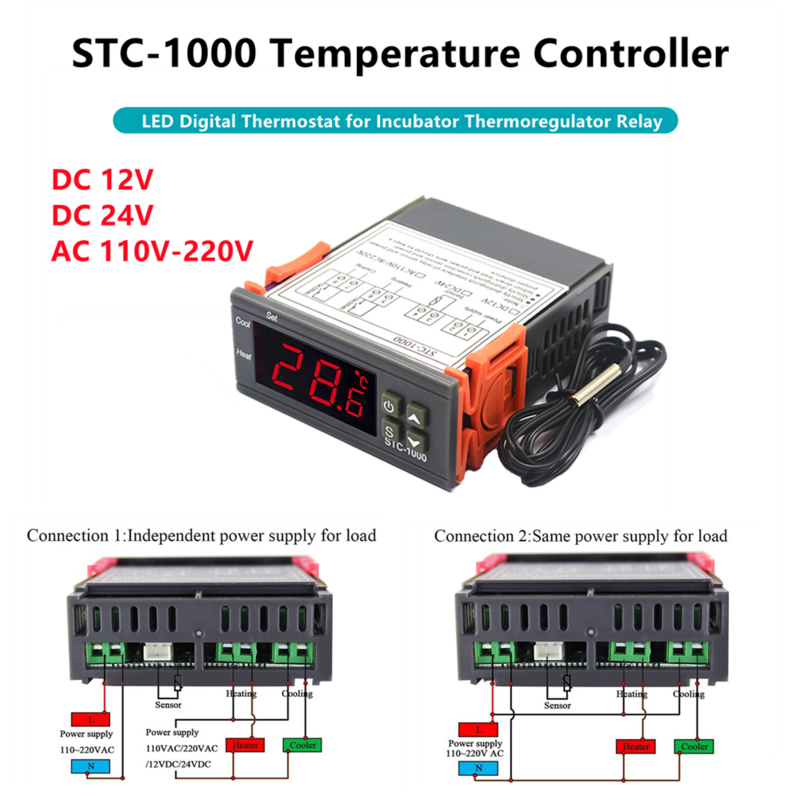 Termostato Digital LED de STC-1000 para incubadora, controlador de temperatura, relé termorregulador, calefacción y refrigeración, 12V, 24V, 220V, STC 1000
