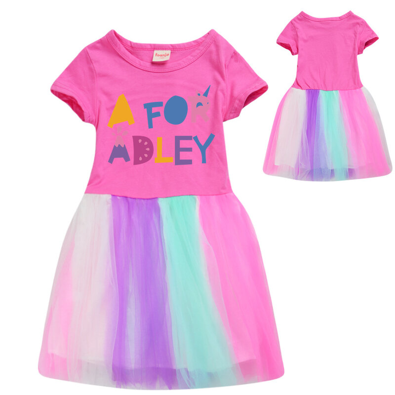 A FOR ADLEY Clothes Kids Dresses for Girls Summer Short Sleeve Twirly Dress Children Birthday Party Lace Mesh Princess Vestido