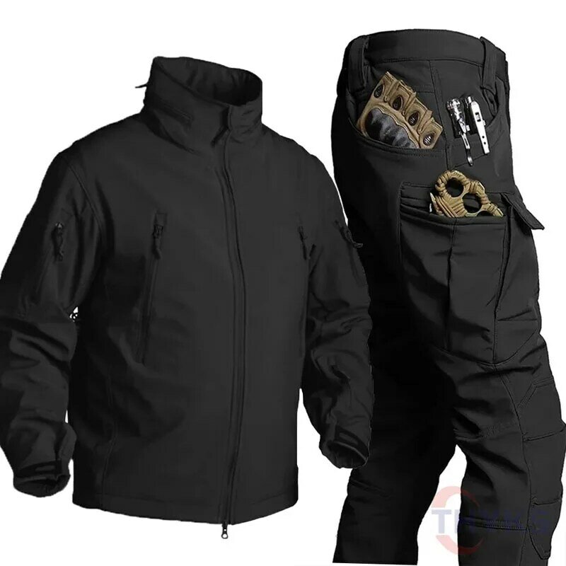 Conjuntos táticos para homens, roupas militares impermeáveis, bolsos múltiplos, casacos de pele de tubarão, calças cargo, velo de inverno, ao ar livre, masculino