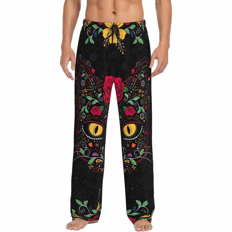 Pantalones de pijama personalizados para hombre, ropa de dormir con estampado del Día de los muertos, gatito, calavera de azúcar y pantalones de Halloween, elásticos con bolsillos