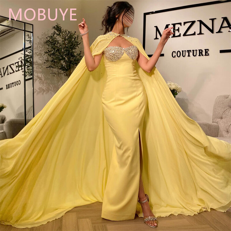 MOBUYE 2024 Arab Dubai Halter Neckline Prom Dress Shawl Sleeves With Floor Length Evening Fashion Elegant Party Dress For Women