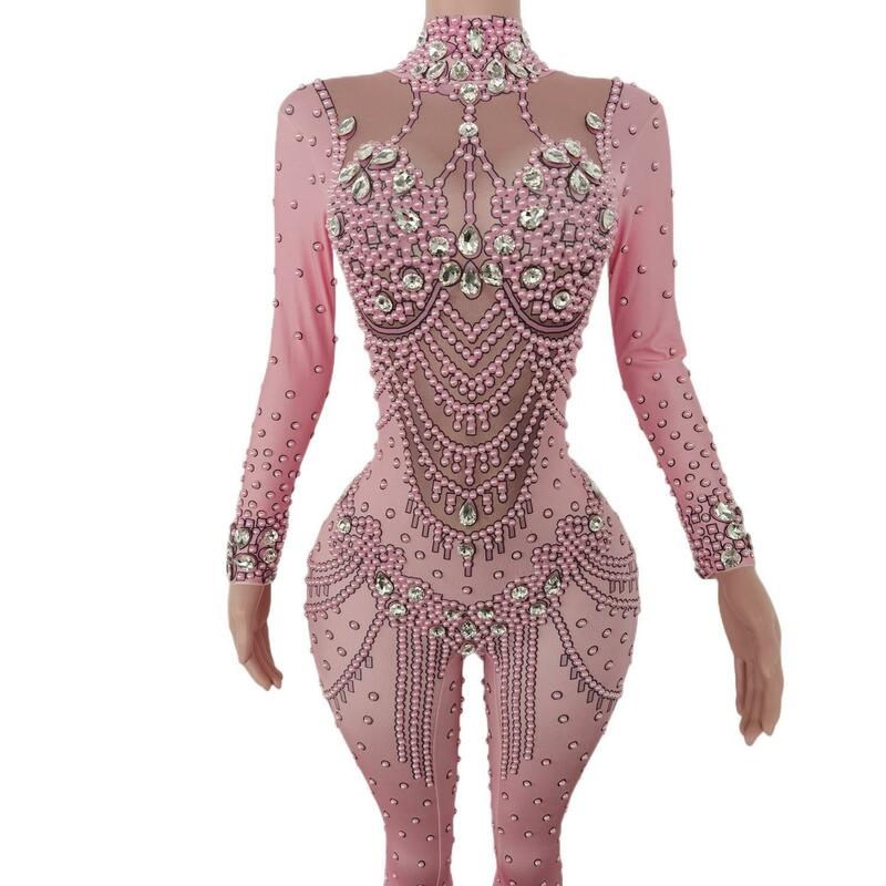 Frauen Nachtclub Partei Bühne Tragen Leistung Kostüme Sexy Bühne Rosa Farbe Overall Rosa Glas Funkelnde Kristalle Body
