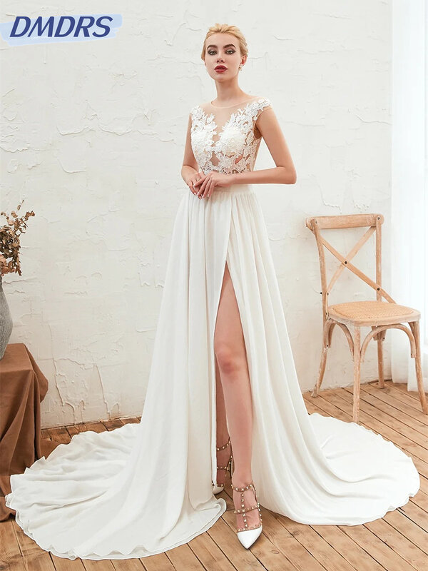 Gaun pengantin tanpa lengan seksi 2024 gaun pernikahan kerah V rendah glamor gaun panjang selantai A-Line romantis Vestidos De Novia