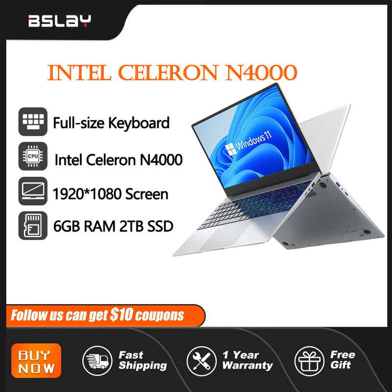 Laptop Intel Celeron N4000 6G DDR4, komputer portabilitas bermain game kamera Windows 11 HD 15.6 GHz Buka kunci sidik jari