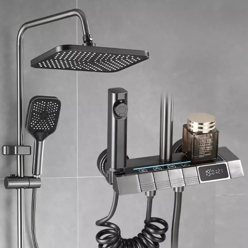 Conjunto torneira do chuveiro do banheiro, cinza, 4 funções, saída de água, display digital LED, chave de piano de parede, sistema de chuveiro, torneira do banho