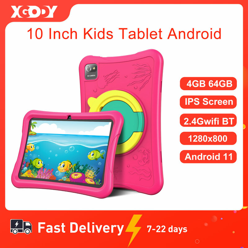 XGODY Tablet anak 10 inci, Tablet PC WiFi layar IPS 4GB 64GB untuk belajar pendidikan anak-anak dengan casing pelindung untuk hadiah anak-anak