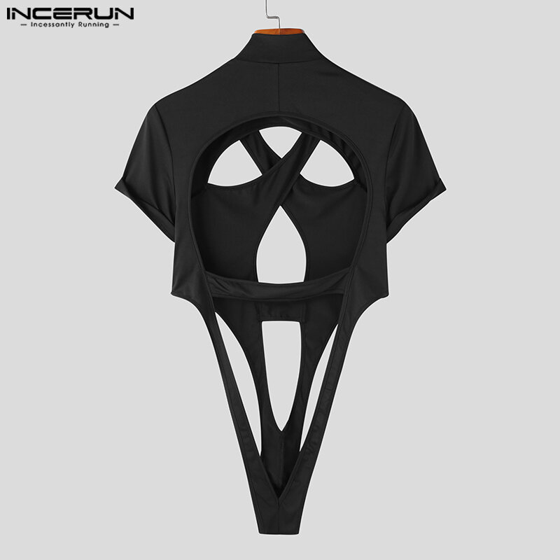 Fashion Casual Men Homewear Jumpsuits INCERUN Symmetric Hollow Design Short Sleeve Half High Neck Solid Triangle Bodysuits S-5XL
