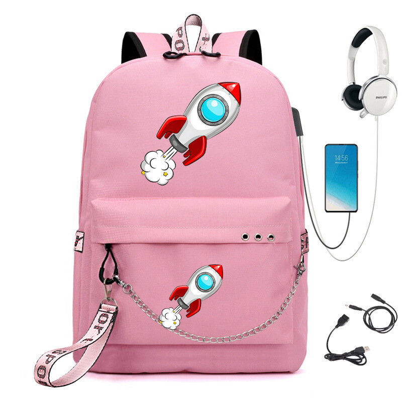 Рюкзак для девочек с Usb-портом для зарядки и мультипликационным принтом