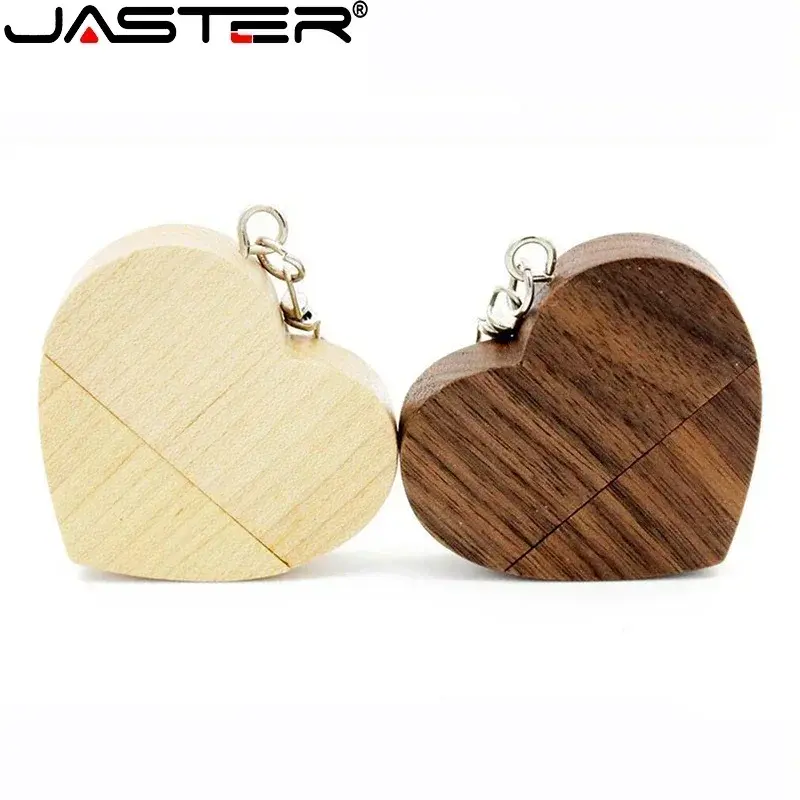 JASTER Pen Drive Walnut Wood Heart + Box USB 2.0 Flash Drive Gratis Logo Kustom Memory Stick dengan Gantungan Kunci Hadiah Pernikahan U Disk 8G