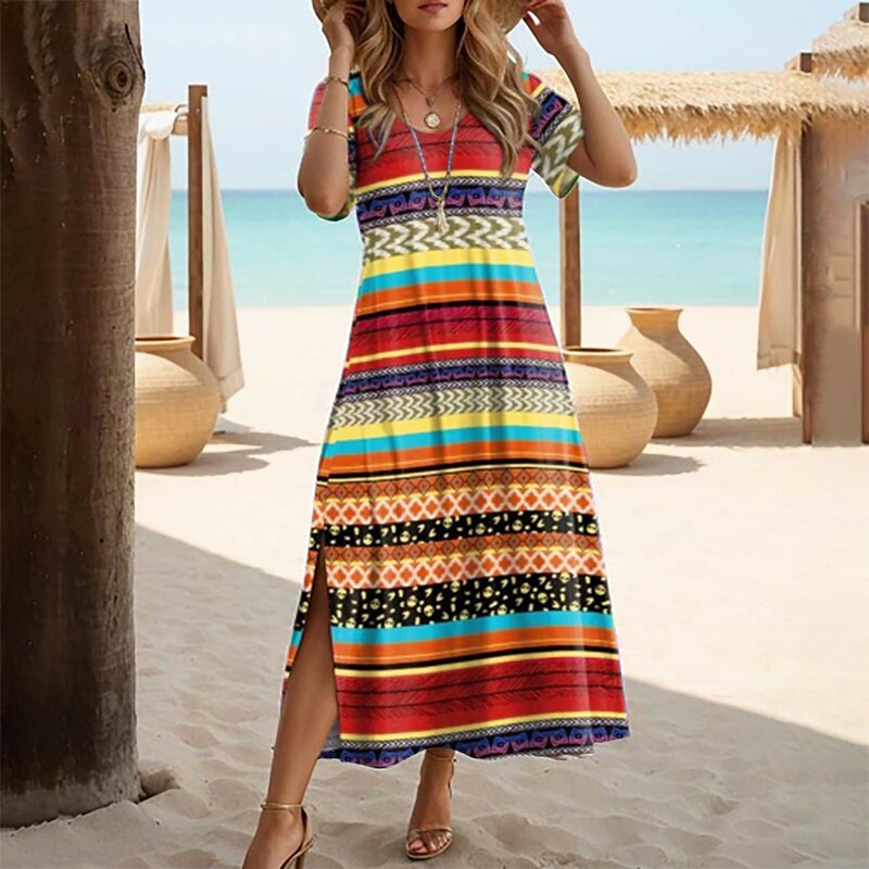 Geometric Stripe Print Maxi Bohemian Dress Women's Summer 2024 Short Sleeve Casual Long Dresses Split V Neck Boho Beach Sundress