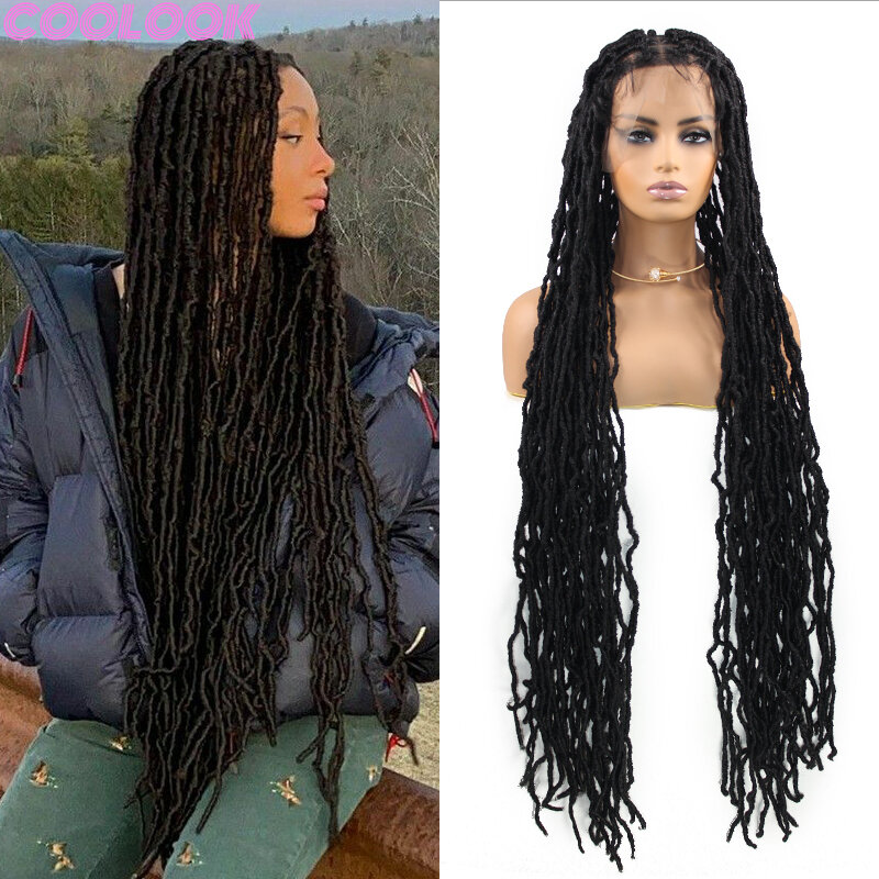 Black Box Braided Full Lace Wig 40'' Super Long Distressed Knotless Lace Front Braids Wig Synthetic Twist Lace Frontal Braid Wig