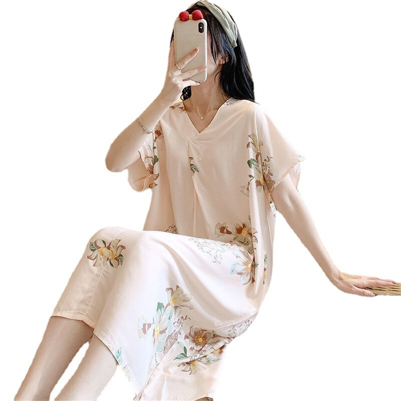 Piyama kerah V kasual wanita, gaun malam tipis lengan pendek bernapas ukuran besar longgar bercetak pakaian rumah musim panas untuk wanita