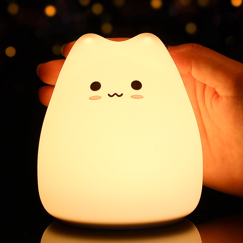 Mini Cat Kawaii Night Lamp para Crianças, 7 Cores Pat Touch, Proteção para os Olhos, Bedroom Bedside Nightlight, Popular Baby Gift