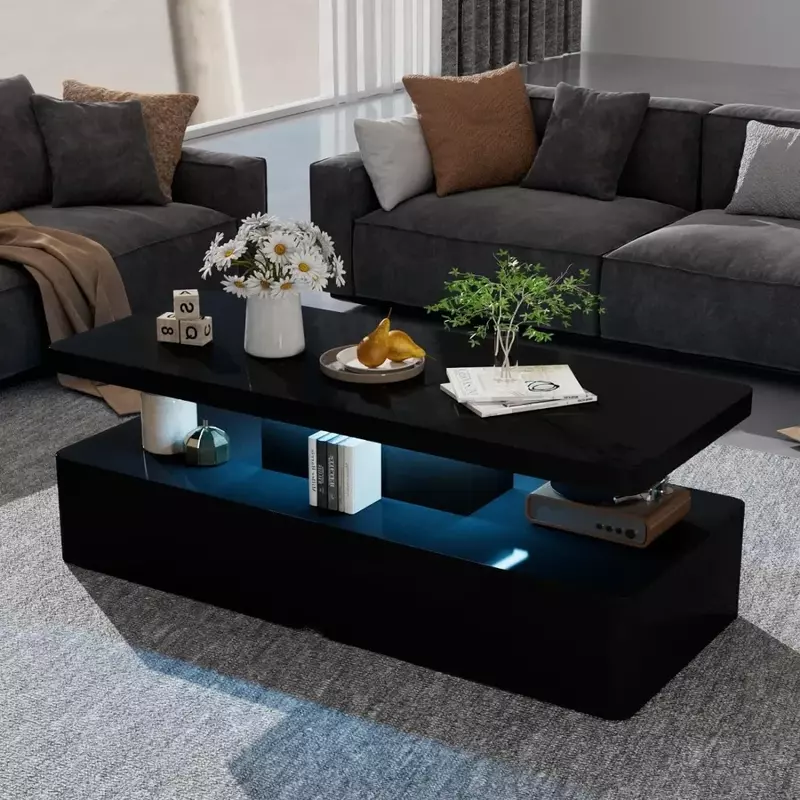 Moderna mesa de café elegante com luzes LED, design de camada dupla, mesa de café verde, 16 cores, móveis pretos, sala de estar