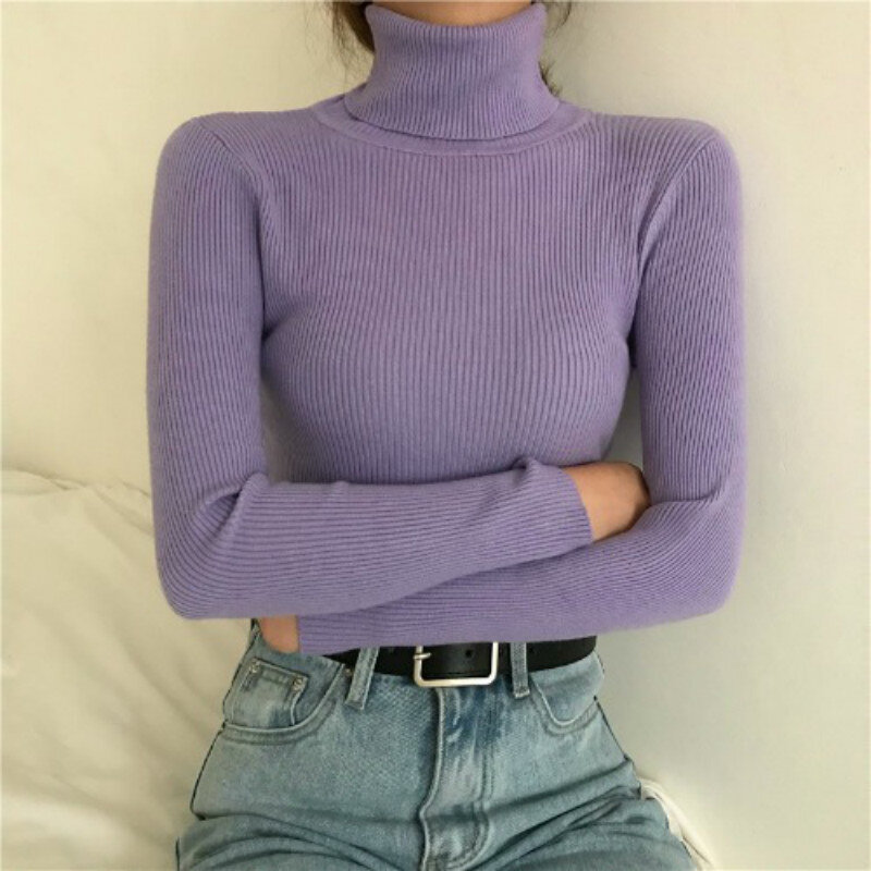 All-match Pullovers New Woman Autumn Winter Turtleneck Long Sleeve Solid Sweater Female Korean Slim-Fit Tight Jumper 11 Colors