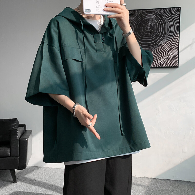 5สีฤดูร้อน Hooded T เสื้อเกาหลีผู้ชายครึ่งแขน Pullover Streetwear หลวมเสื้อยืดท็อปแบบตัวสั้นสายรัดชายเสื้อผ้า5XL-M