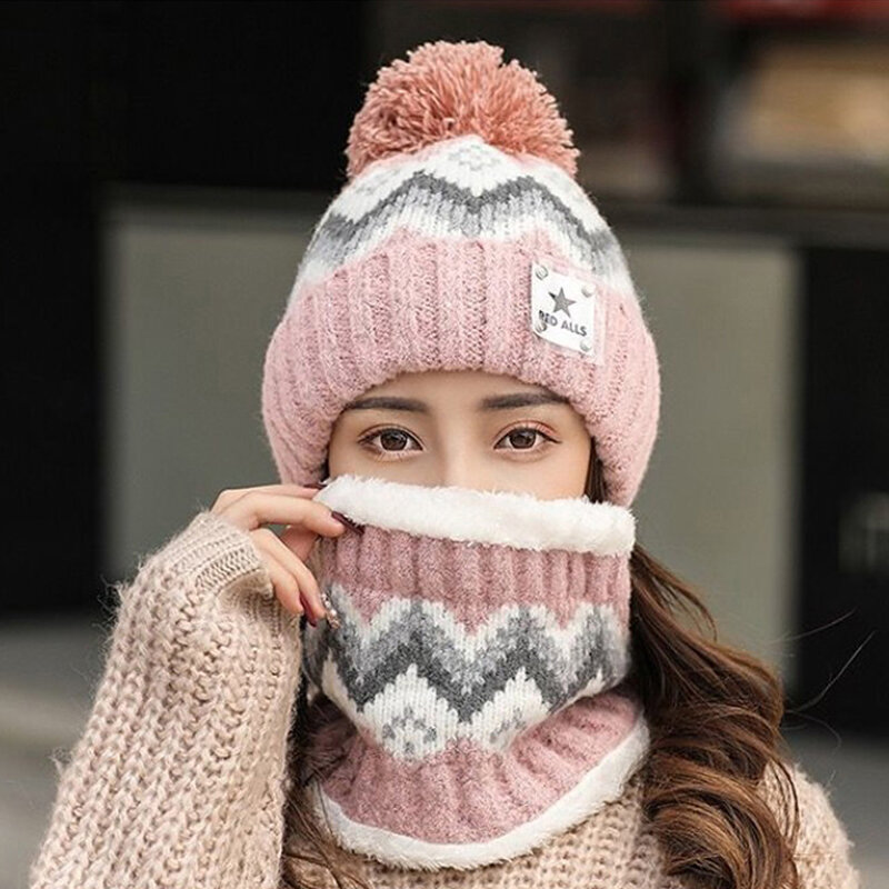 Зимняя теплая шапка бини шарф с кольцом 2 шт. женские шапки с помпонами вязаные шапки модная шапка шарф Набор уличные снежные шапочки для верховой езды