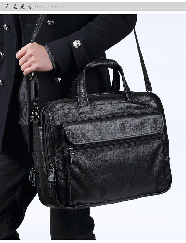 Maleta de couro genuíno para homens, bolsa masculina para laptop, bolsas de negócios sacola macia do couro, bolsa de ombro, 14 pol, 15 pol