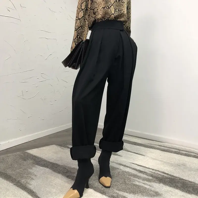 Брюки-султанки женские с завышенной талией, повседневные свободные брюки с широкими штанинами, модная уличная одежда в Корейском стиле, черные, на весну