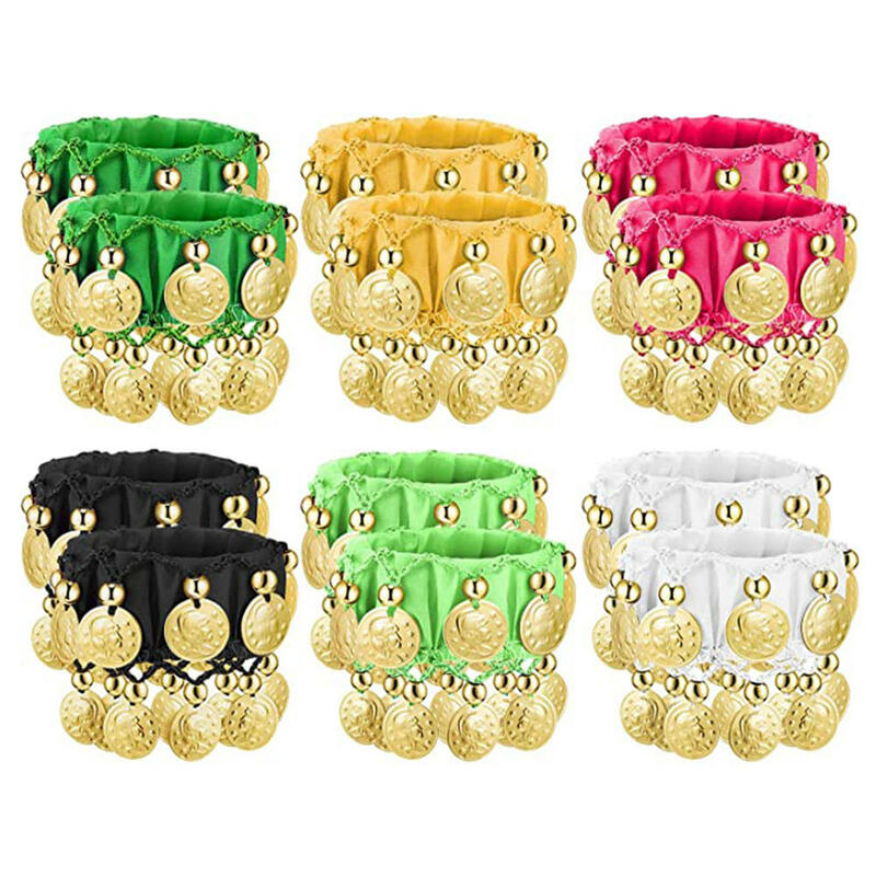 1 Pair 11 colors Belly Dance Wrist Ankle Cuffs Bracelets Chiffon Gold Coin Belly Dance Costume Accessory Rattle bracelet