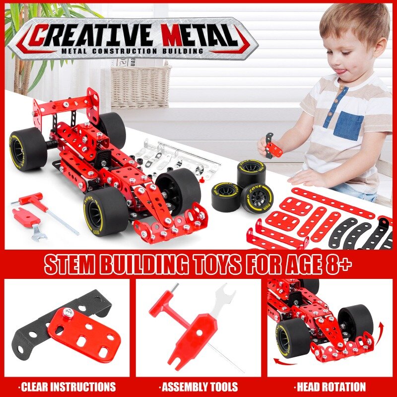F1-子供用レーシングビルディングブロック,金属製アセンブリおもちゃ,1:20ネジ,ギフトボックス,クロスボーダー