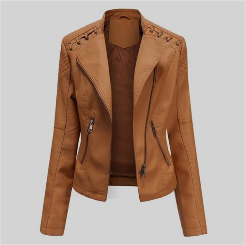 PU Faux Leather Jackets for Women Turn-Down Collar Luxury Coats Waterproof and Windproof Outerwear Spring and Autumn Hot Sale 20