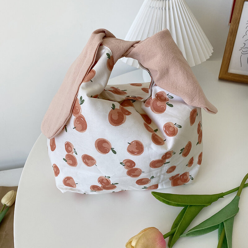 Kawaii Lunch Bag Women Ins Rabbit Ears Fold Bow Handbags Japanese Cute Office Worker Convenient Lunch Box Tote Food Bags
