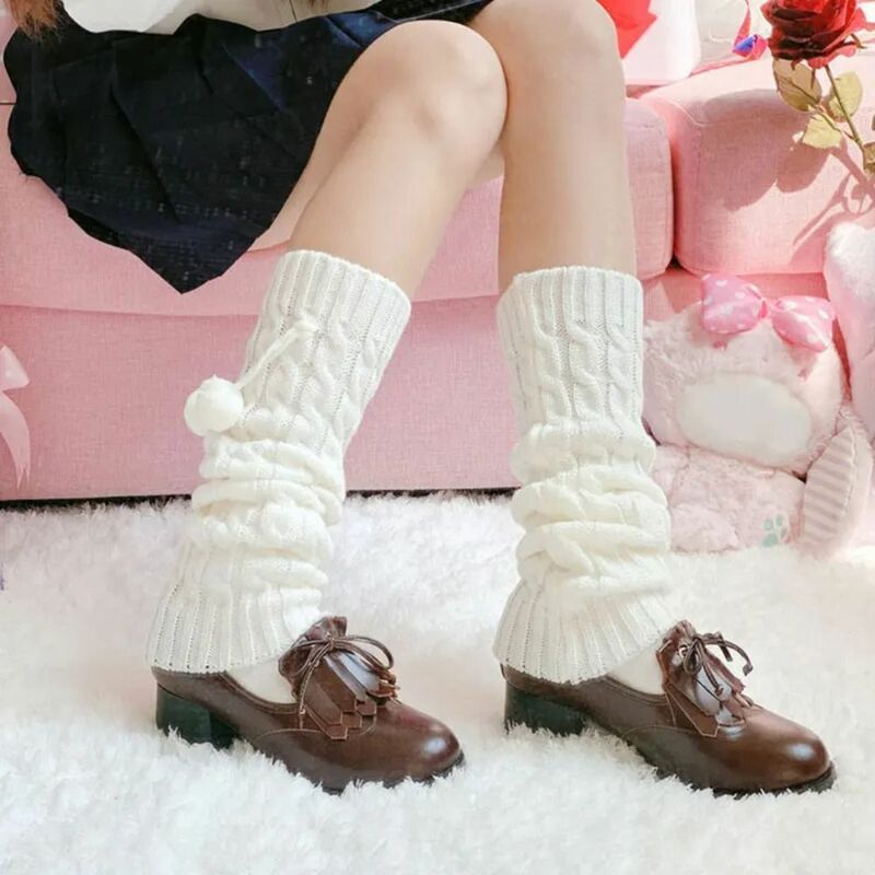 Knitted Leg Warmer Long Socks New Twist Lengthened JK Calf Sleeves Lolita with Soft Ball Over Knee Stockings