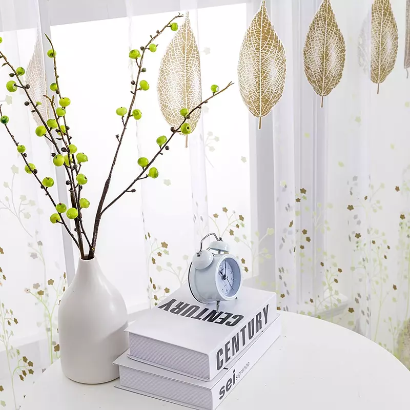 BILEEHOME-얇은 명주 그물 커튼, 침실 거실 주방 현대 얇은 명주 그물 커튼 녹색 잎 패브릭 커튼