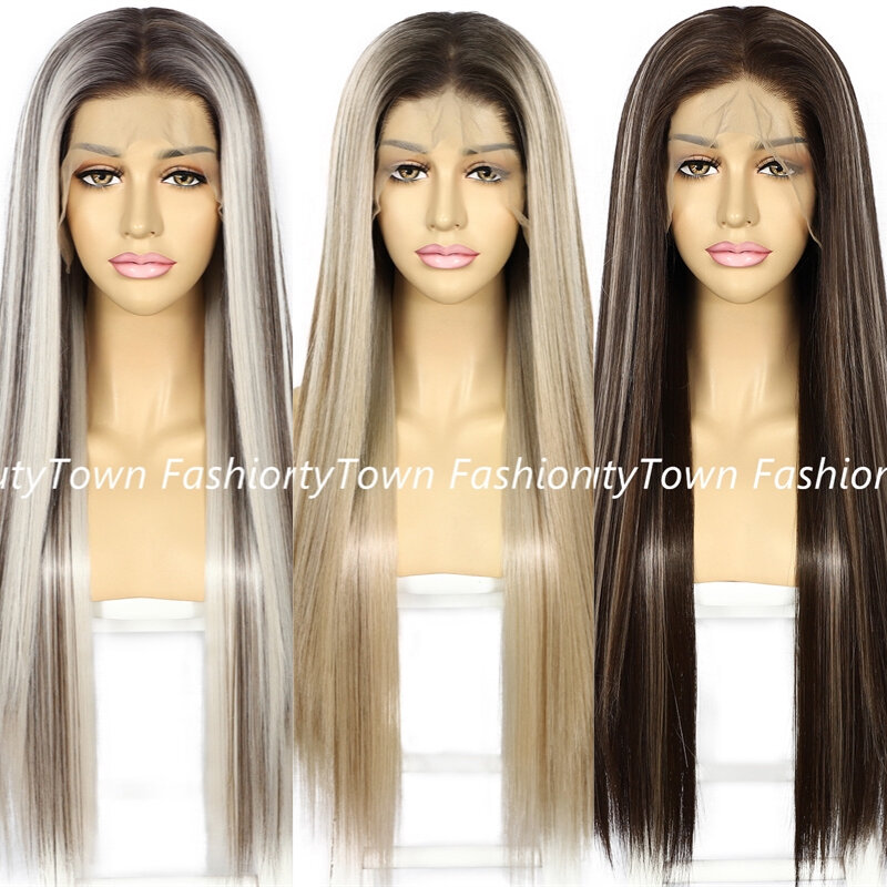 Summer 30'' 13x6 Bone Straight Synthetic Woman Wigs HD Transparent Lace Wig Prepluck Daily Wear Futura Heat Resistant Fiber Made