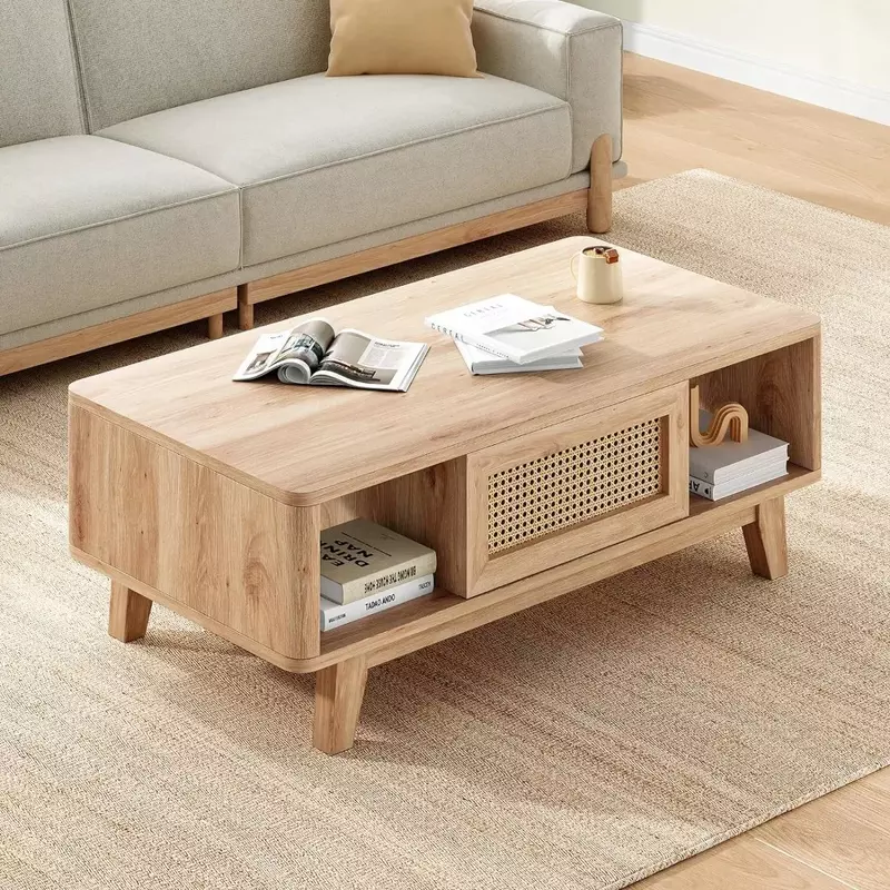 Coffee Table,Mid Century Living Room Tables with Storage,Modern Square Coffee Table with Rattan Drawer, Wooden Living Room Table