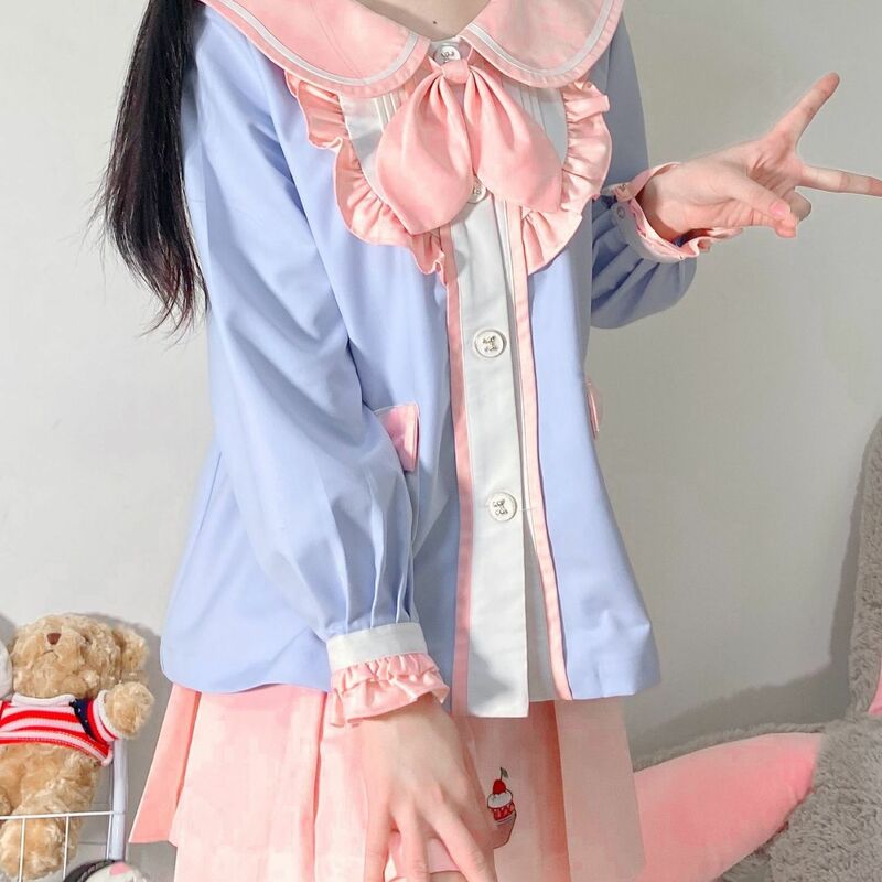 ชุดเสื้อ2ชิ้นสไตล์ญี่ปุ่นเสื้อปักคอปกกะลาสีเสื้อผ้าผู้หญิงเสื้อเชิ้ตตัวเล็กมีจีบแนวญี่ปุ่น JK สุดชิค
