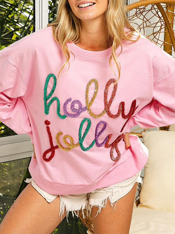 Women s Fall Christmas Pullover Sequin Letter Pattern Long Sleeve Round Neck Sweatshirt Loose Tops