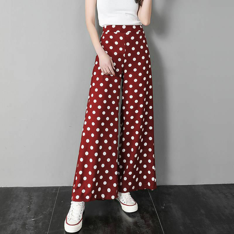 Драпировка модная женская одежда с принтом в горошек с высокой талией Летние Удобные винтажные прямые женские корейские широкие брюки