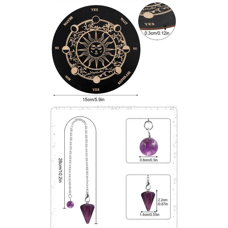 4Pcs Dowsing Divination Board Set Home Decor with Crystal Necklace Round Star Chart Mat Witchcraft Metaphysical Message Board