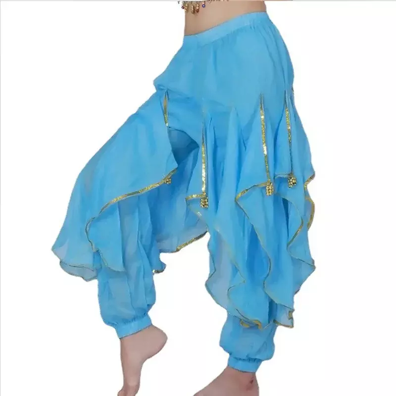 Pantalones largos de gasa para danza del vientre para mujer, pantalón Harem Tribal, árabe, con adornos dorados, para Halloween