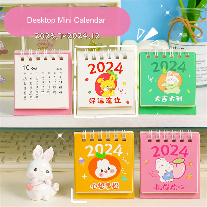 2024 Mini calendario da tavolo simpatico coniglio calendario forniture scolastiche per ufficio Kawaii Cartoon Desk Calendar Schedule Table pianificatore mensile