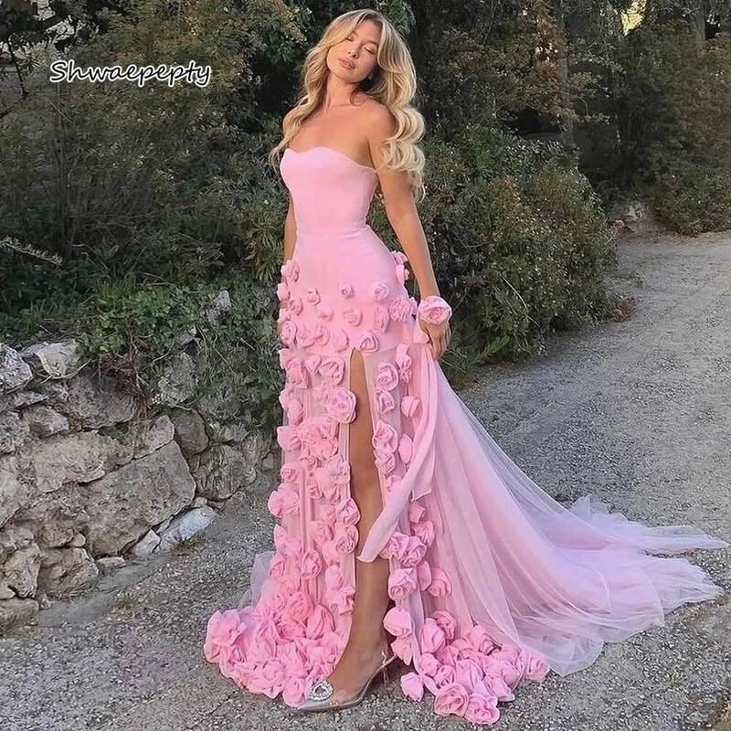 Vestido de novia rosa con flores hechas a mano, escote Corazón, abertura lateral, Sexy, vestidos de novia de playa, dulce vestido de compromiso largo para mujer