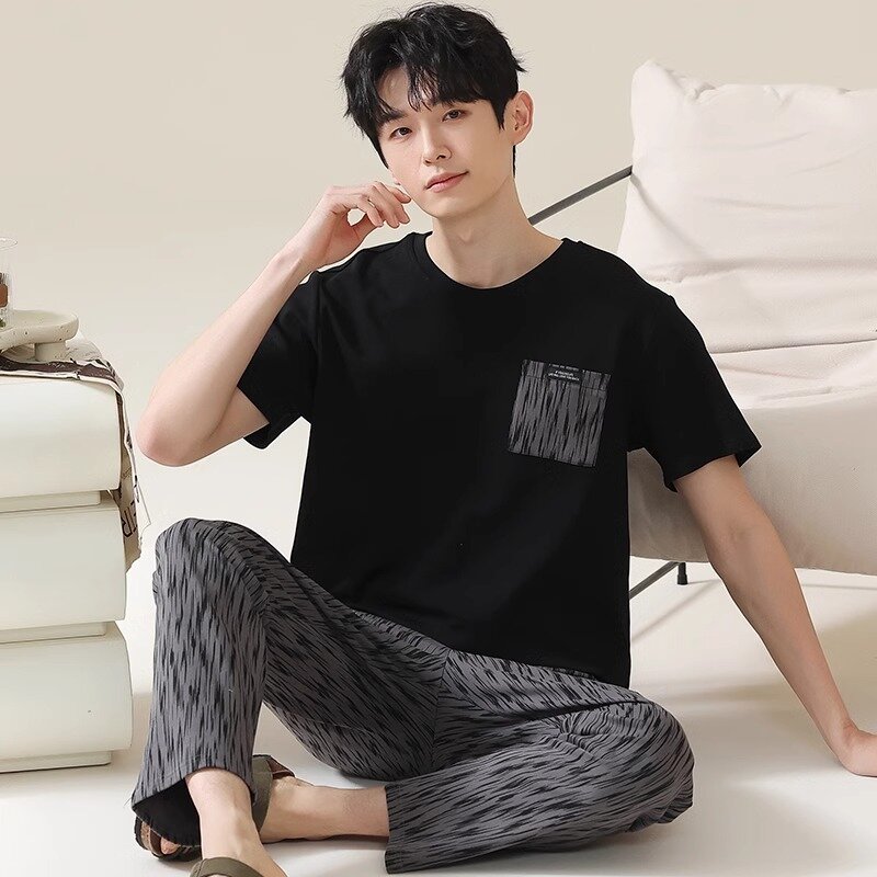 Summer Men's Cotton Pajama Set Short Sleeve Long Pants Thin Suitable For Young People Homewear Korean Fashion Loungewear