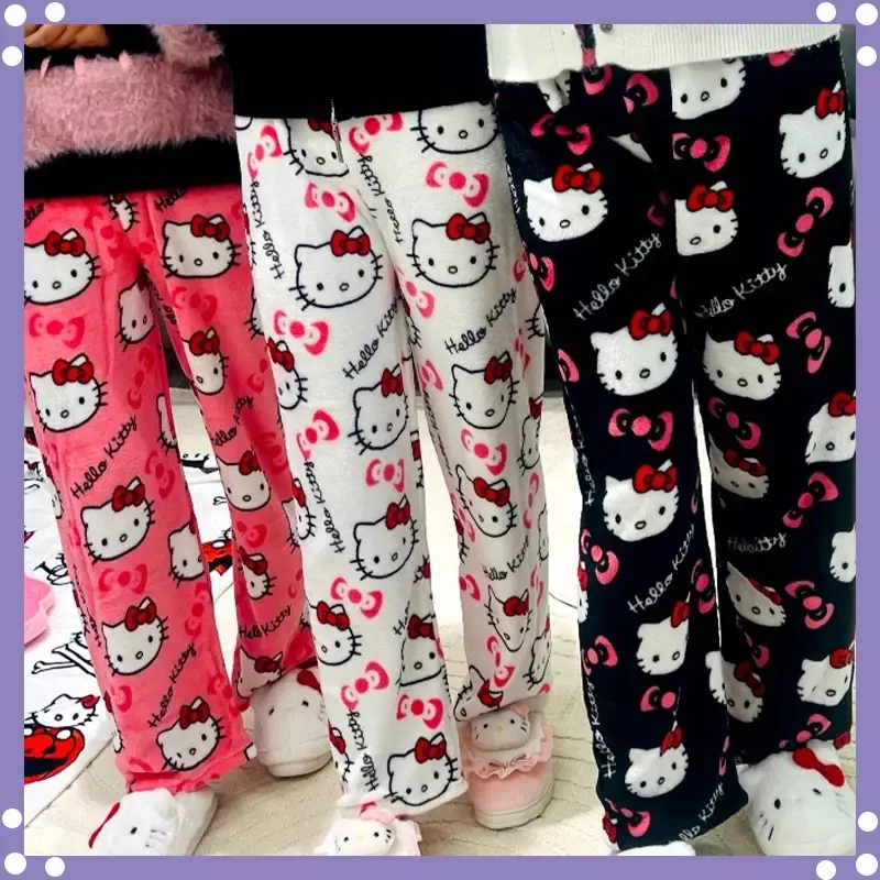 Sanrio Hello Kitty Y2k อนิเมะผู้หญิง, ชุดนอนผ้าสักหลาดการ์ตูนขนสัตว์อบอุ่นลำลองใส่อยู่บ้านกางเกงแฟชั่นฤดูใบไม้ร่วงฤดูหนาว