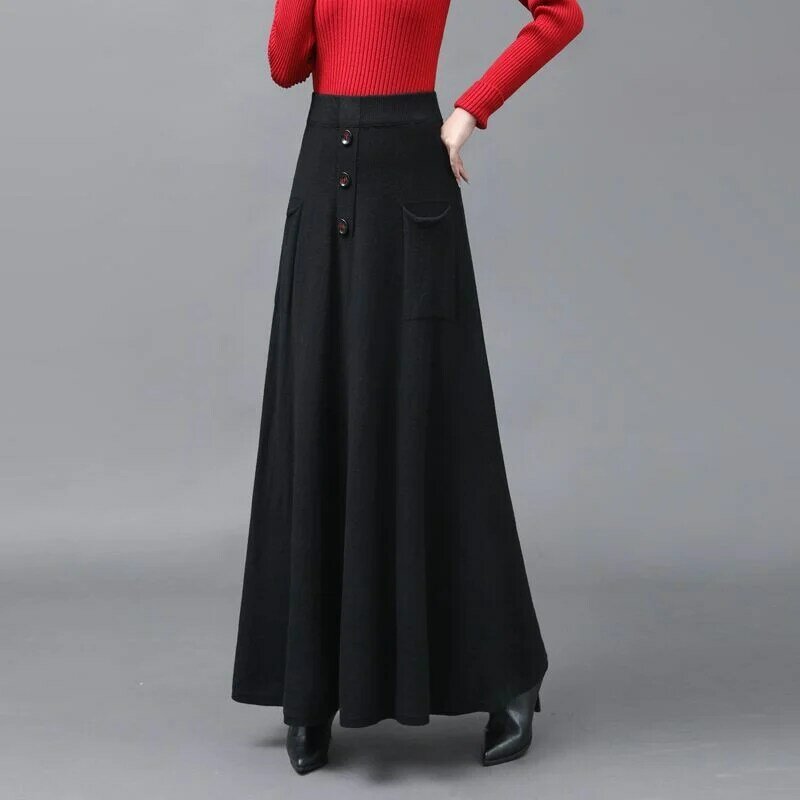 Saia de tricô de cintura elástica feminina com botões, vestido longo solto, bolso quente, monocromático, moda feminina, novo, outono, inverno