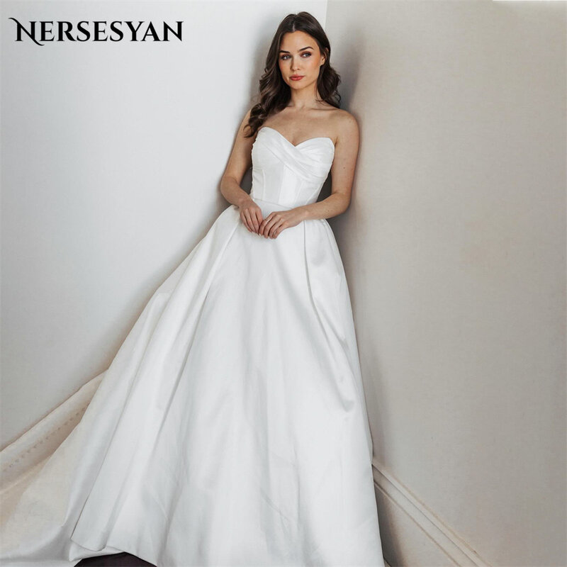 Элегантное однотонное атласное свадебное платье Nersesyan с открытыми плечами, ТРАПЕЦИЕВИДНОЕ плиссированное платье для невесты с открытой спиной в виде сердечки