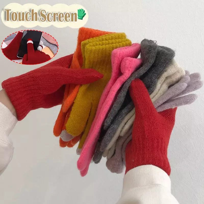 Unisex Women Plush Knitted Gloves Autumn Hand Warmer Winter Thicken Lining Full Fingered Mittens Skiing Short Wrist Warm Gloves