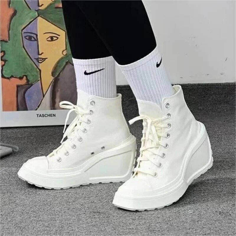 Platform Women Canvas Shoes High Heels Wedges Summer Lace Up Casual Sport Sandals Fashion Runninng Zapatos Mujer Boots Sneakers