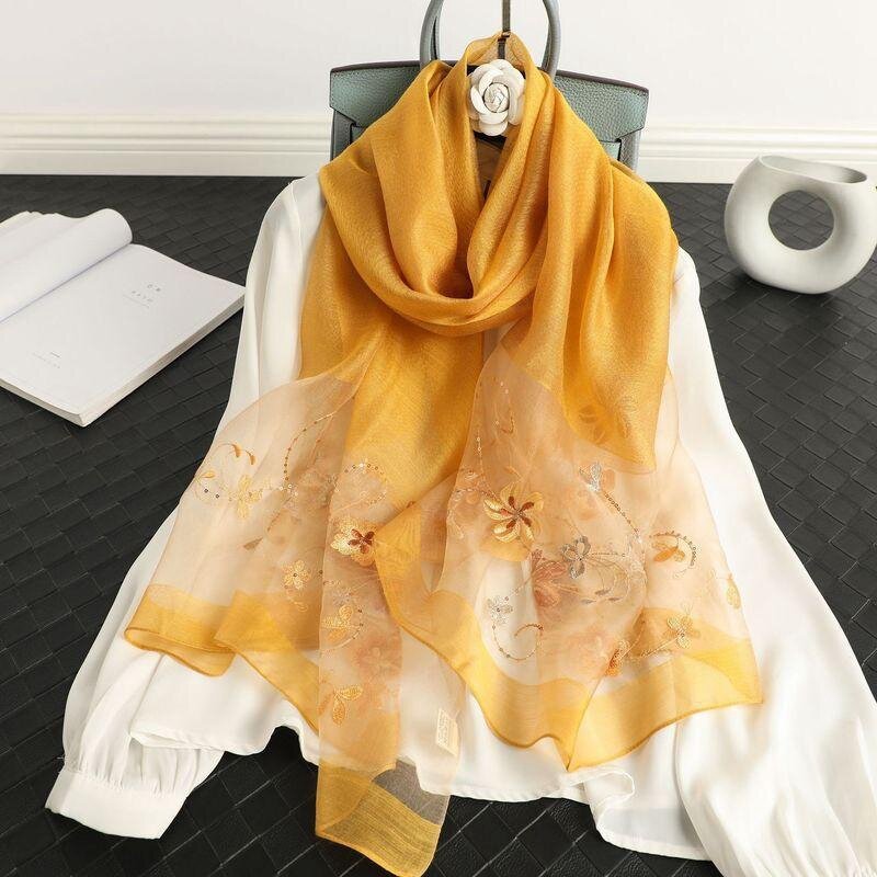 Foulard en soie polyvalent pour femmes, écharpe fine en soie mûre brodée, châle Cheongsam, printemps et automne