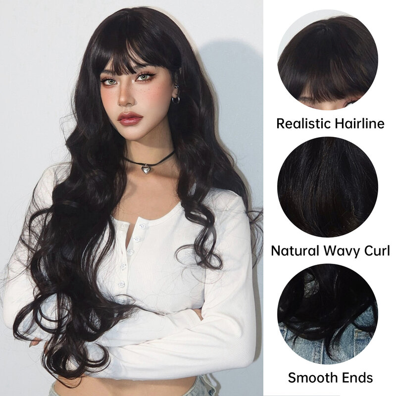 Супердлинные черные волнистые синтетические парики с челкой для женщин, афро Темные волнистые волосы для Хэллоуина, косплея, парик из натуральных волос, термостойкий