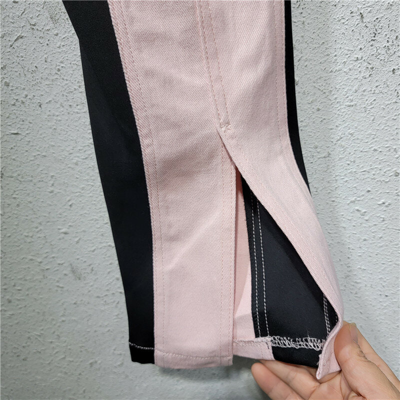 2024 Spring Summer New Jeans American Retro Slimming High Waist Color Contrast Patchwork Stretch Pencil Denim Trousers For Women