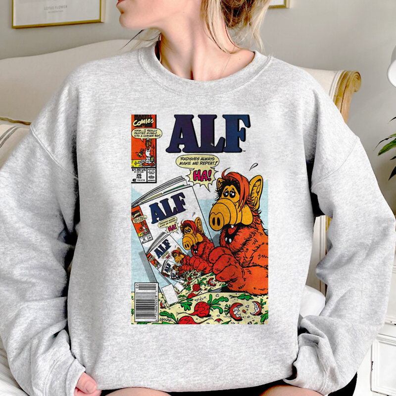 Alf hoodie wanita lengan panjang 90s, baju bertudung gaya Korea wanita, atasan lucu