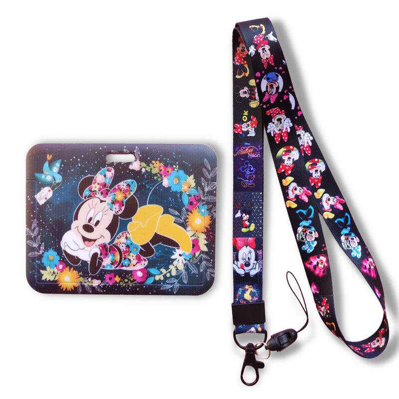 Disney-Soporte para tarjeta de identificación de Mickey y Minnie para niños, funda con cordón para insignia de negocios, correa para el cuello, funda para tarjeta de estudiante, dibujos animados bonitos