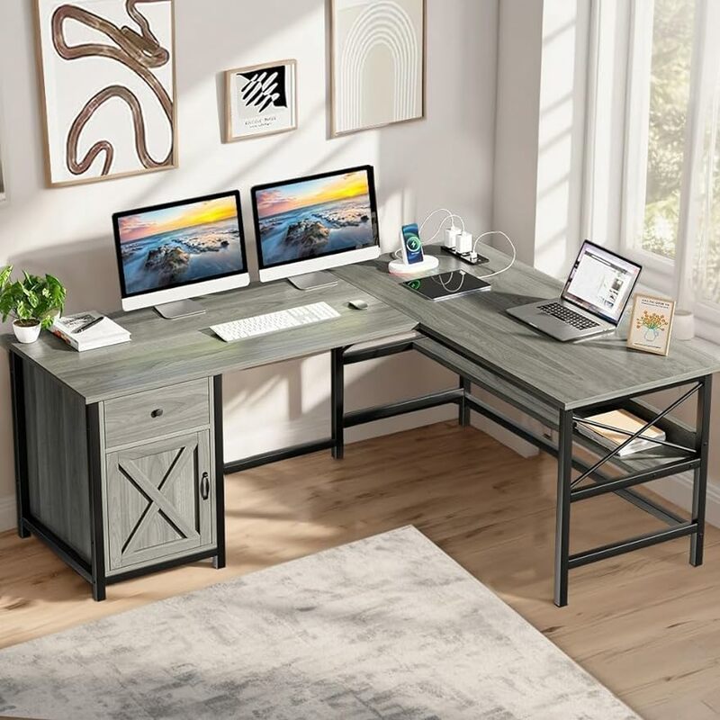 4 EVER WINNER L Shaped Desk with Storage Cabinet & Power Outlets, 63” Home Office Computer Desk with Drawer and Shelves for Corn